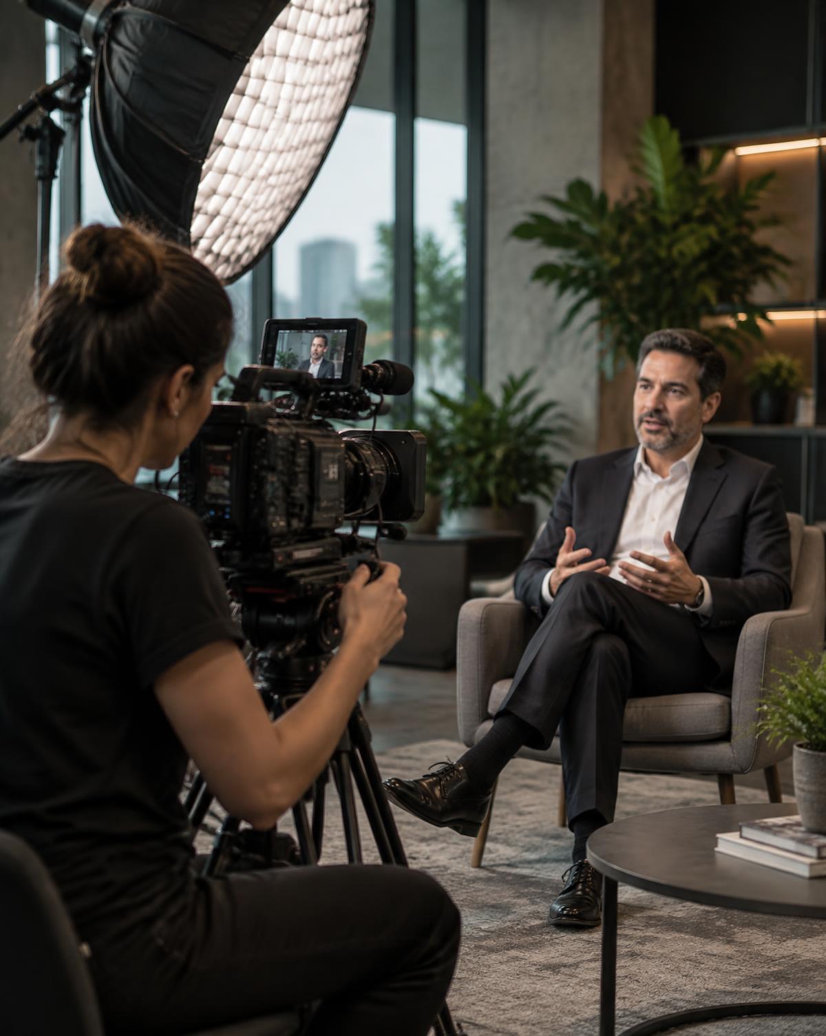 Captação de entrevista corporativa com câmera profissional
