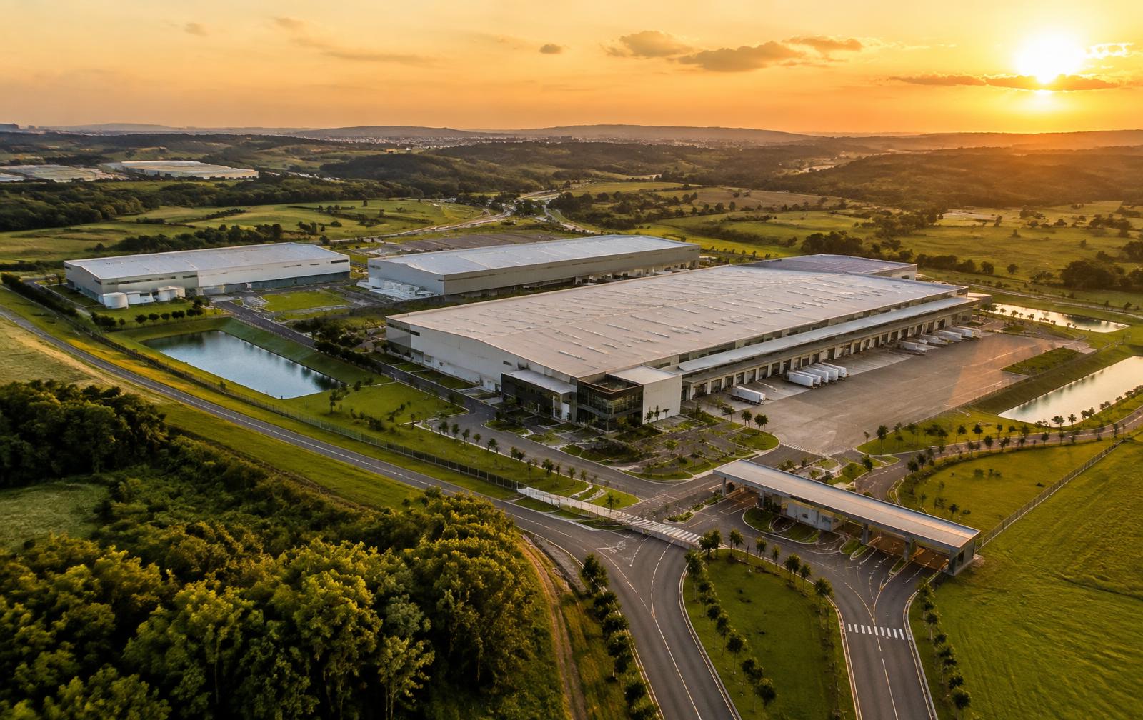 Vista aérea de uma estrutura empresarial captada por drone